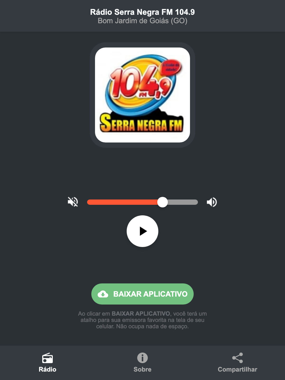 Screenshot do aplicativo da Rádio Serra Negra FM 104.9