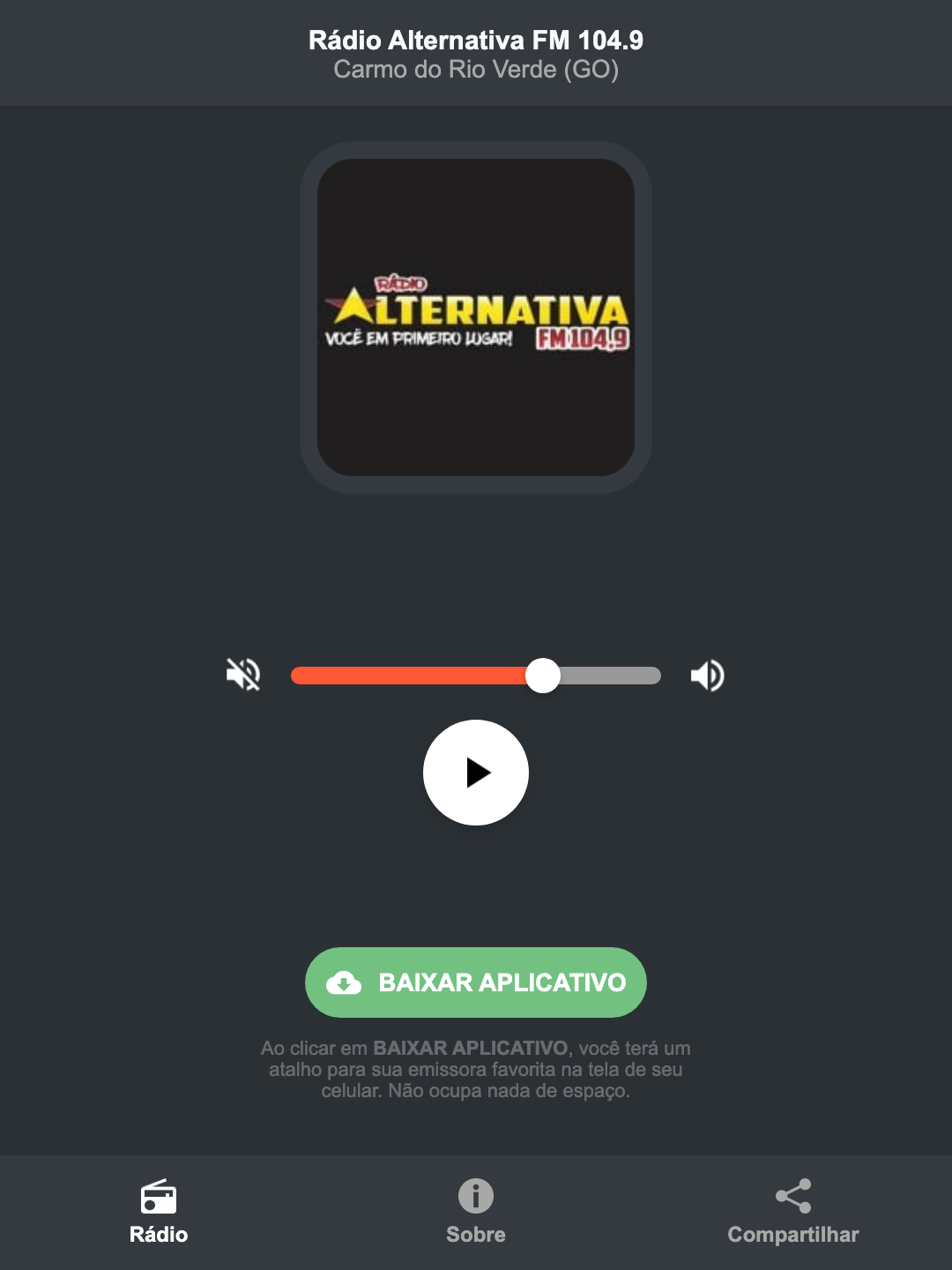 Screenshot do aplicativo da Rádio Alternativa FM 104.9