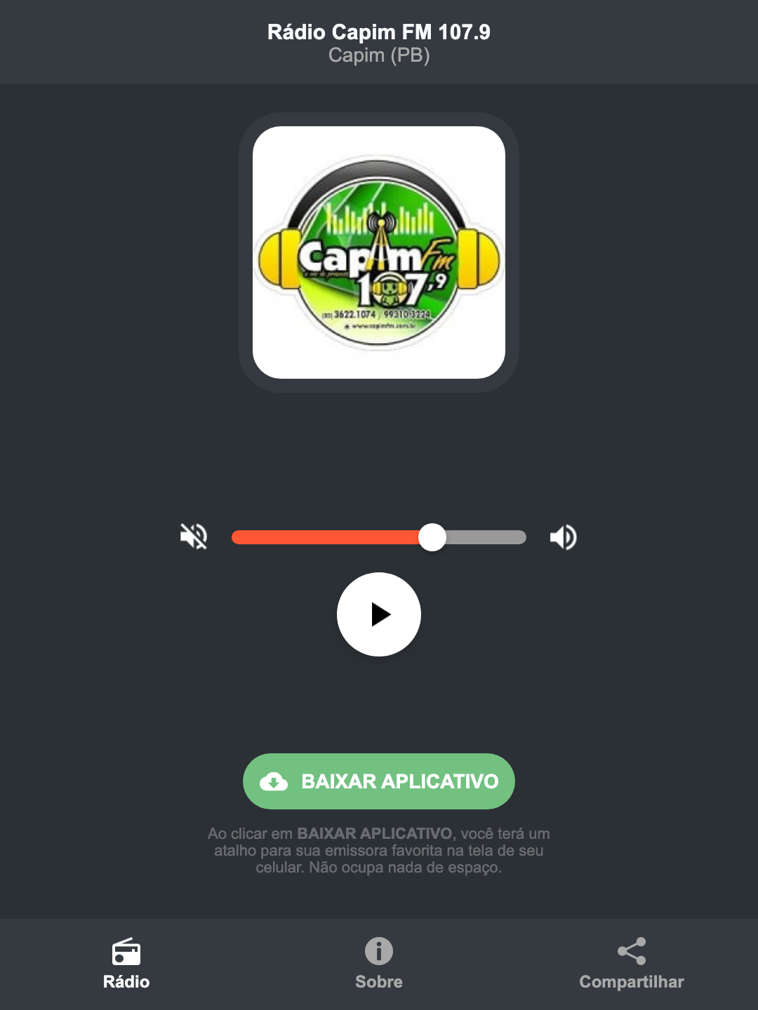 Screenshot do aplicativo da Rádio Capim FM 107.9