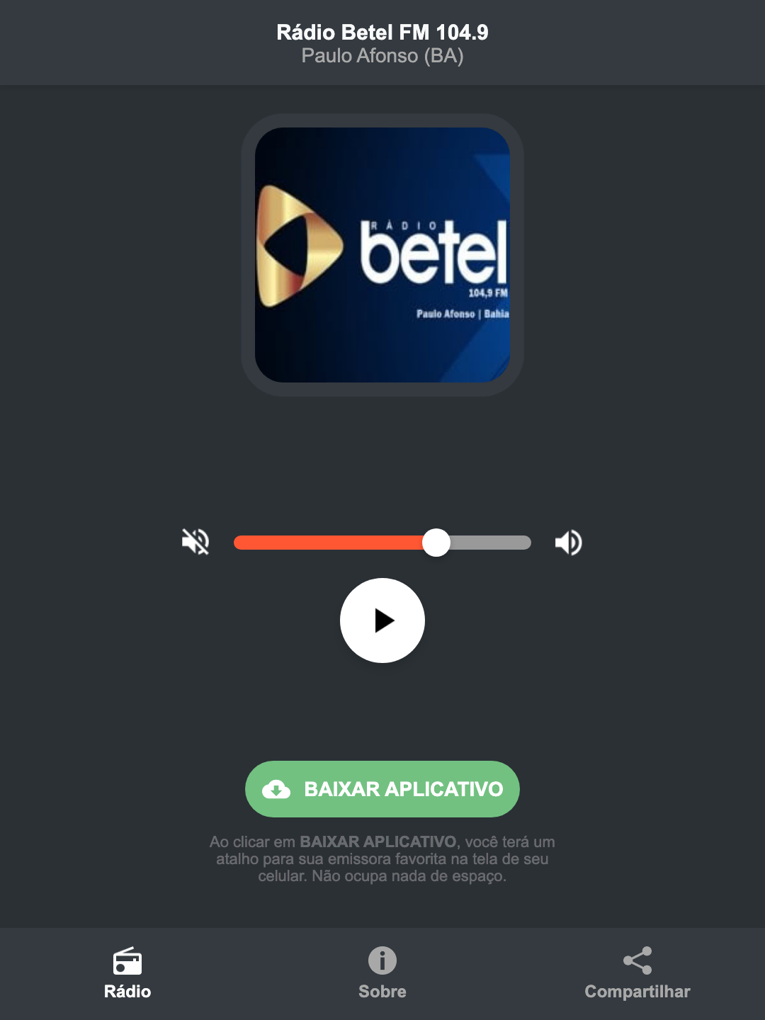 Screenshot do aplicativo da Rádio Betel FM 104.9