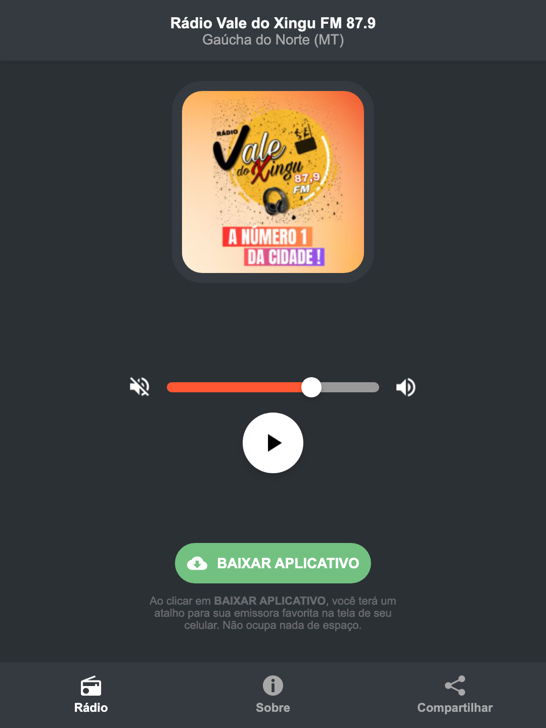 Screenshot do aplicativo da Rádio Vale do Xingu FM 87.9