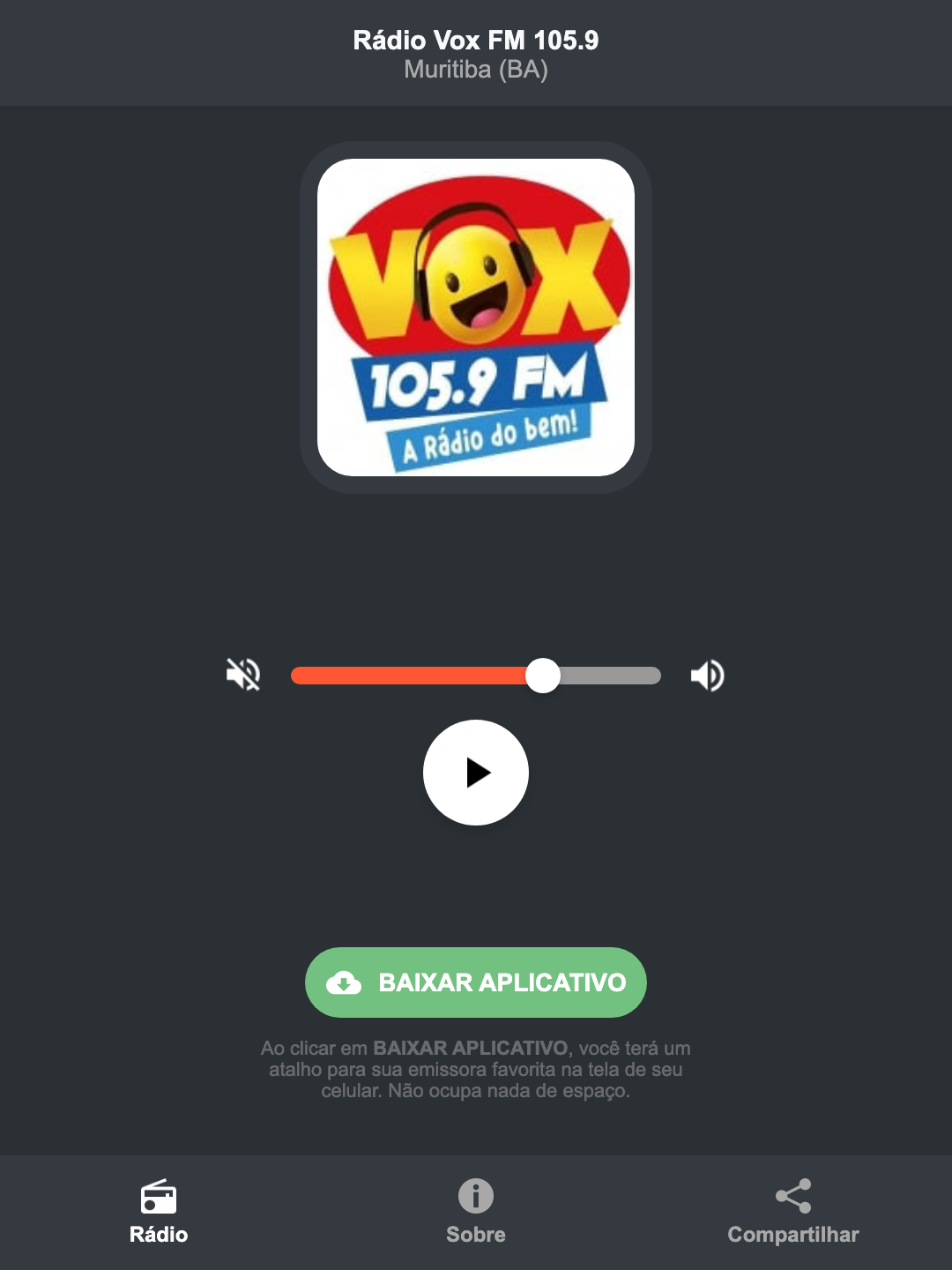 Screenshot do aplicativo da Rádio Vox FM 105.9