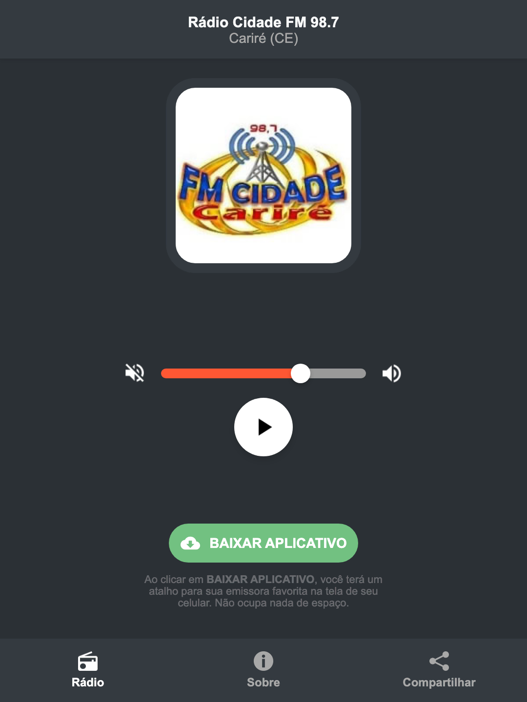 Screenshot do aplicativo da Rádio Cidade FM 98.7