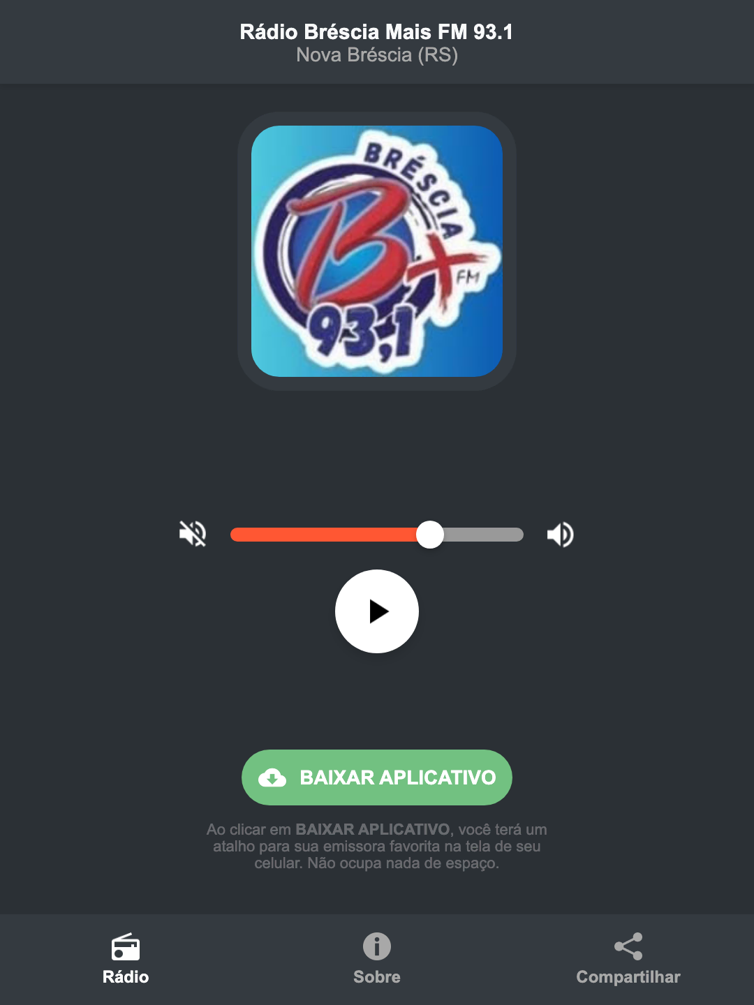 Screenshot do aplicativo da Rádio Bréscia Mais FM 93.1