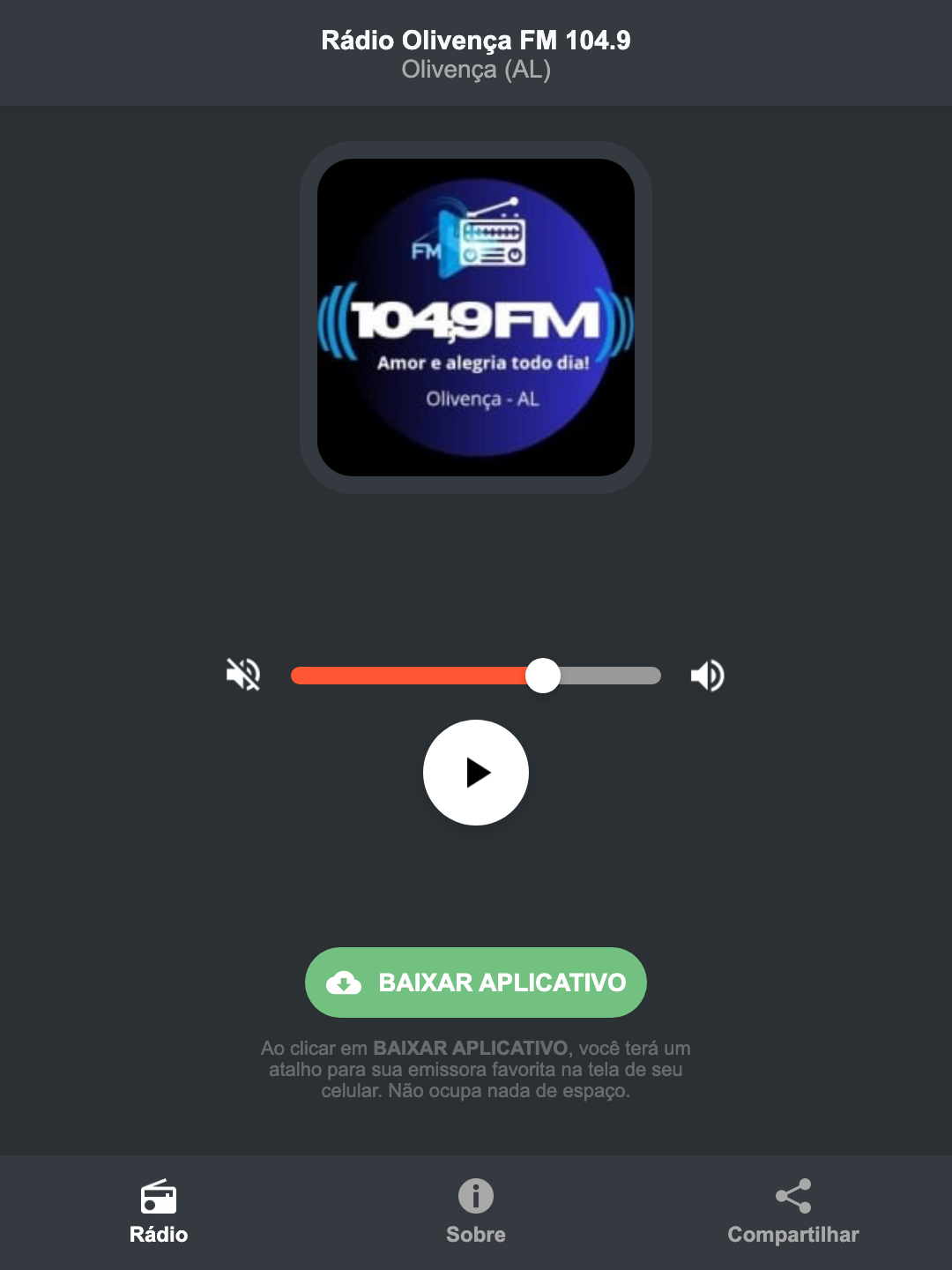 Screenshot do aplicativo da Rádio Olivença FM 104.9