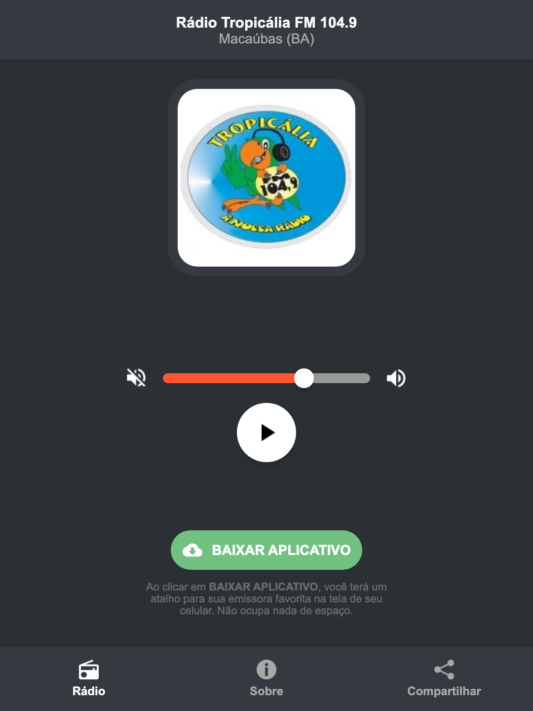Screenshot do aplicativo da Rádio Tropicália FM 104.9