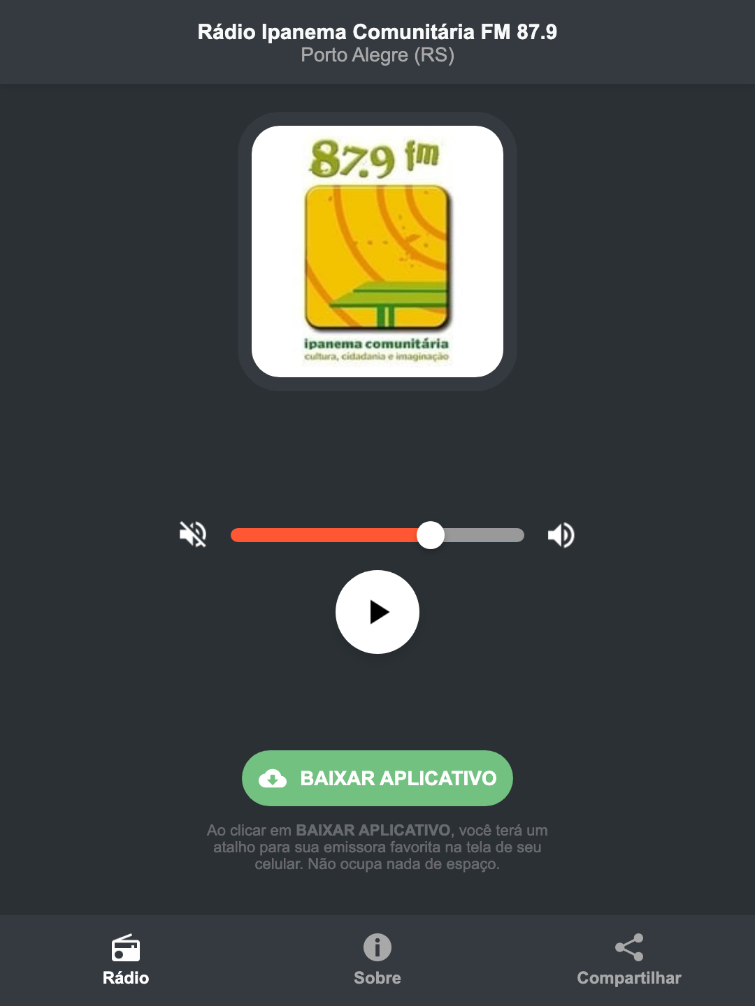 Screenshot do aplicativo da Rádio Ipanema Comunitária FM 87.9