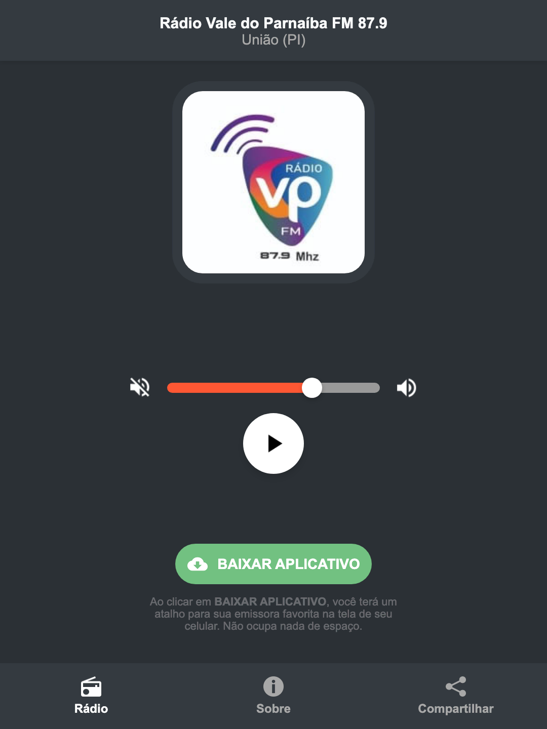 Screenshot do aplicativo da Rádio Vale do Parnaíba FM 87.9
