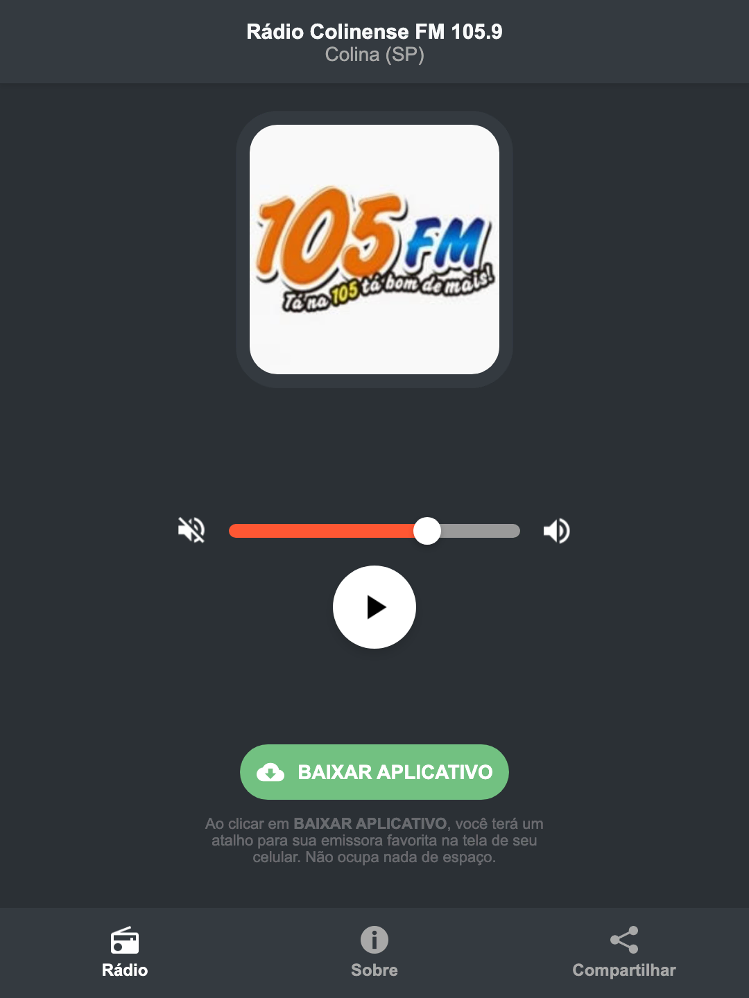 Screenshot do aplicativo da Rádio Colinense FM 105.9