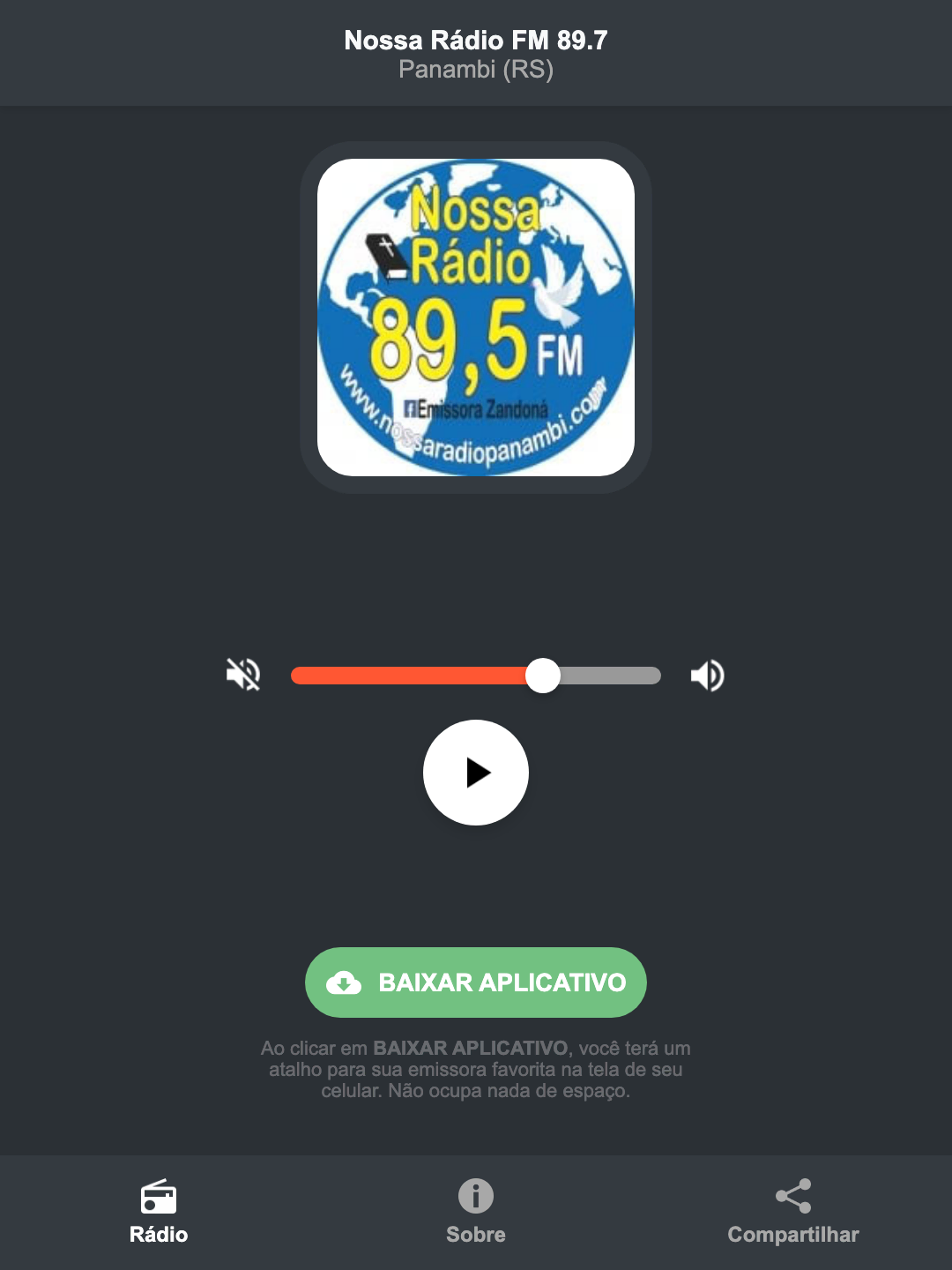 Screenshot do aplicativo da Nossa Rádio FM 89.7