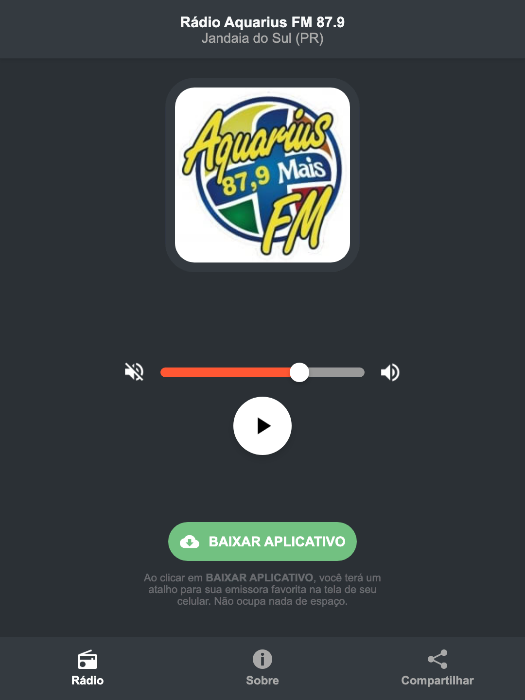 Screenshot do aplicativo da Rádio Aquarius FM 87.9