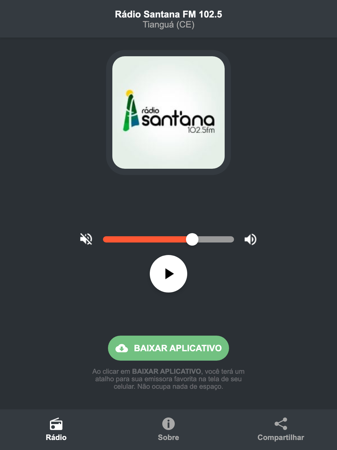 Screenshot do aplicativo da Rádio Santana FM 102.5