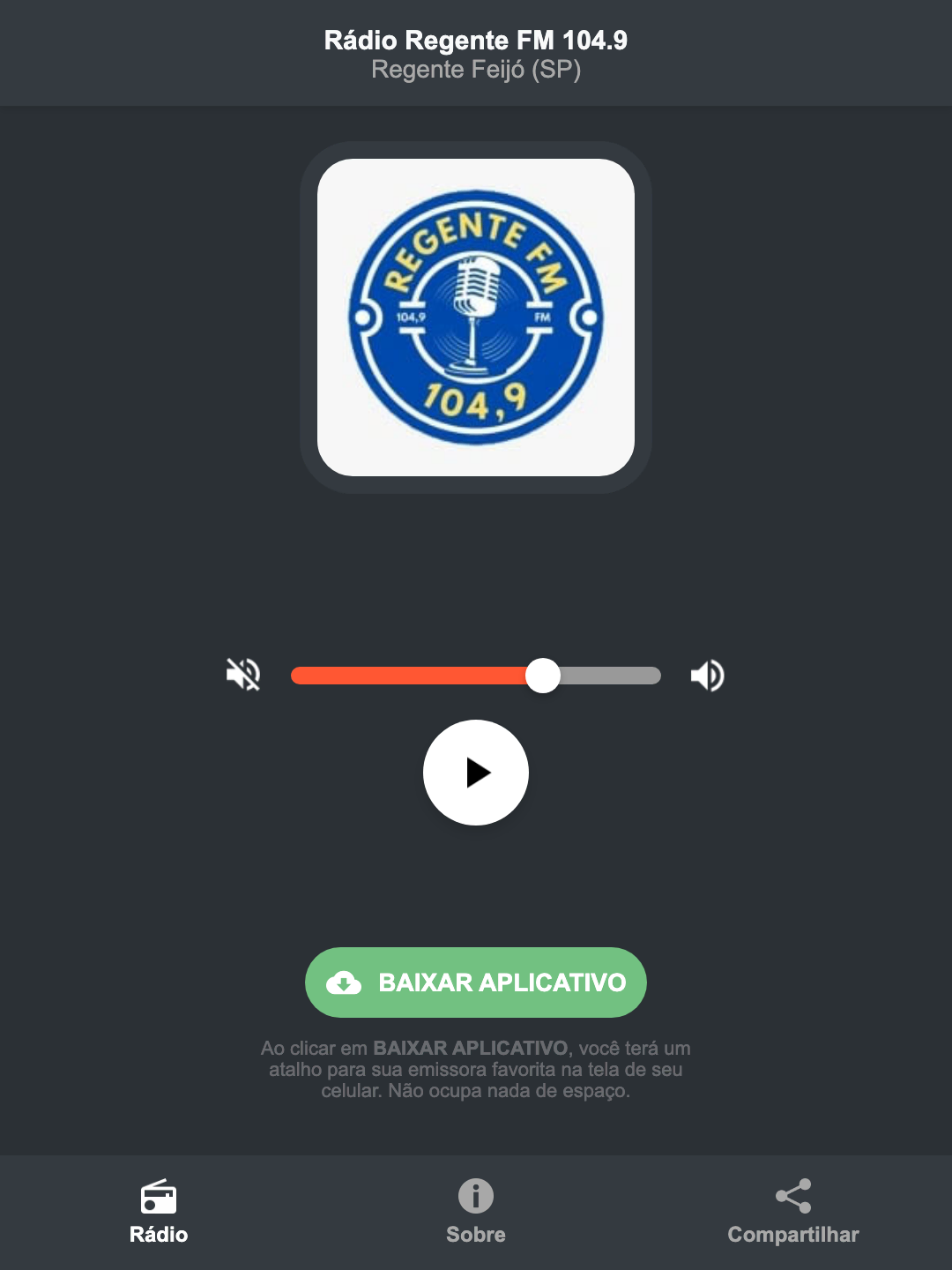Screenshot do aplicativo da Rádio Regente FM 104.9