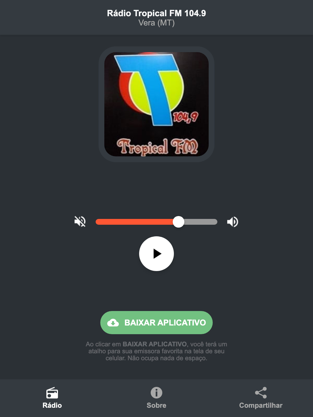 Screenshot do aplicativo da Rádio Tropical FM 104.9