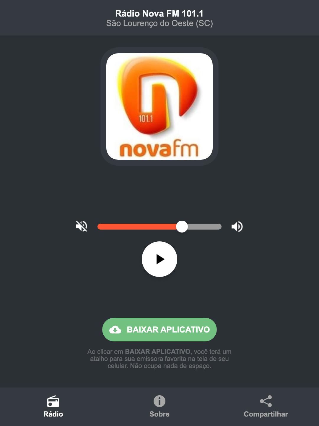 Screenshot do aplicativo da Rádio Nova FM 101.1