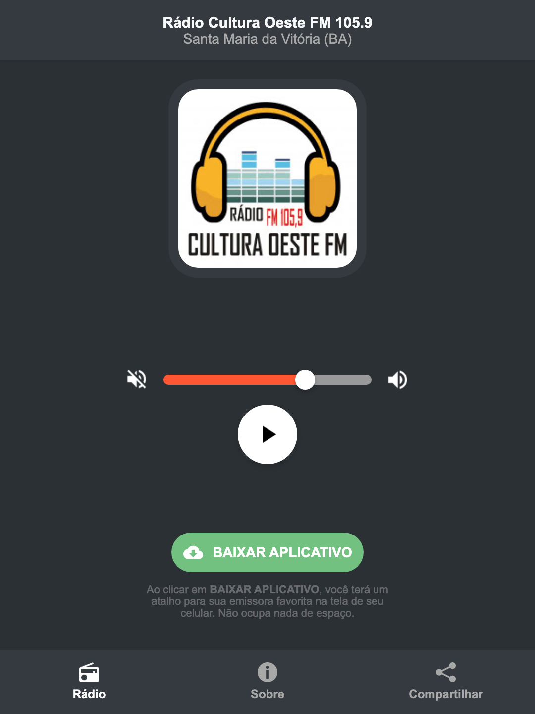 Screenshot do aplicativo da Rádio Cultura Oeste FM 105.9