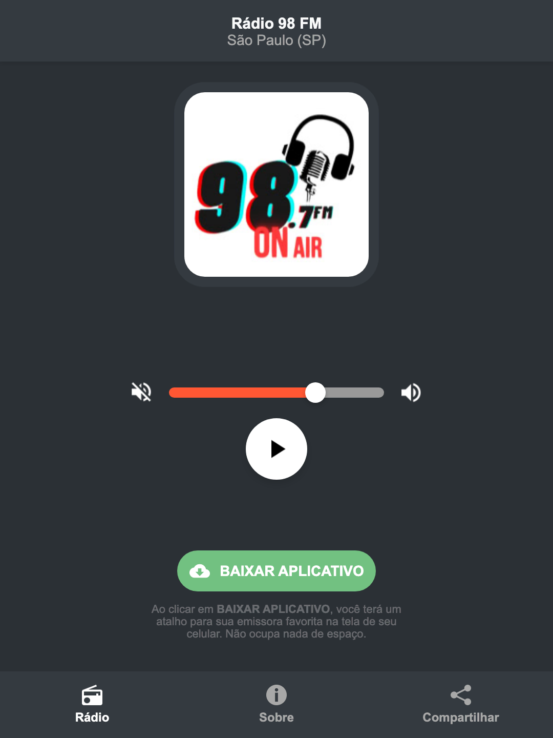 Screenshot do aplicativo da Rádio 98 FM
