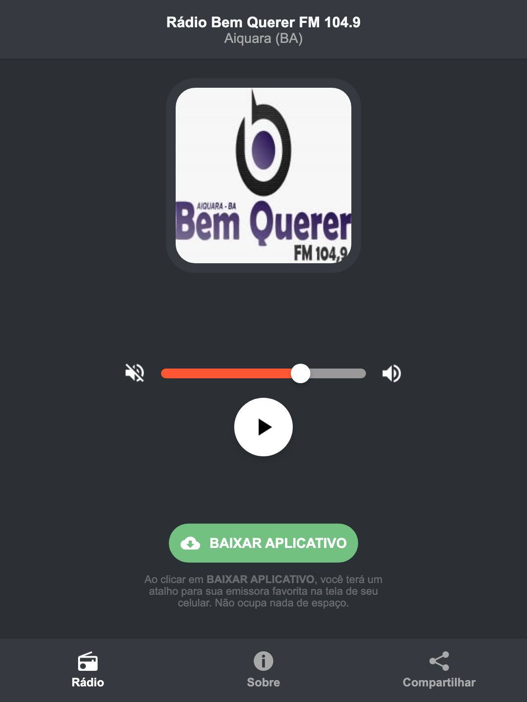 Screenshot do aplicativo da Rádio Bem Querer FM 104.9