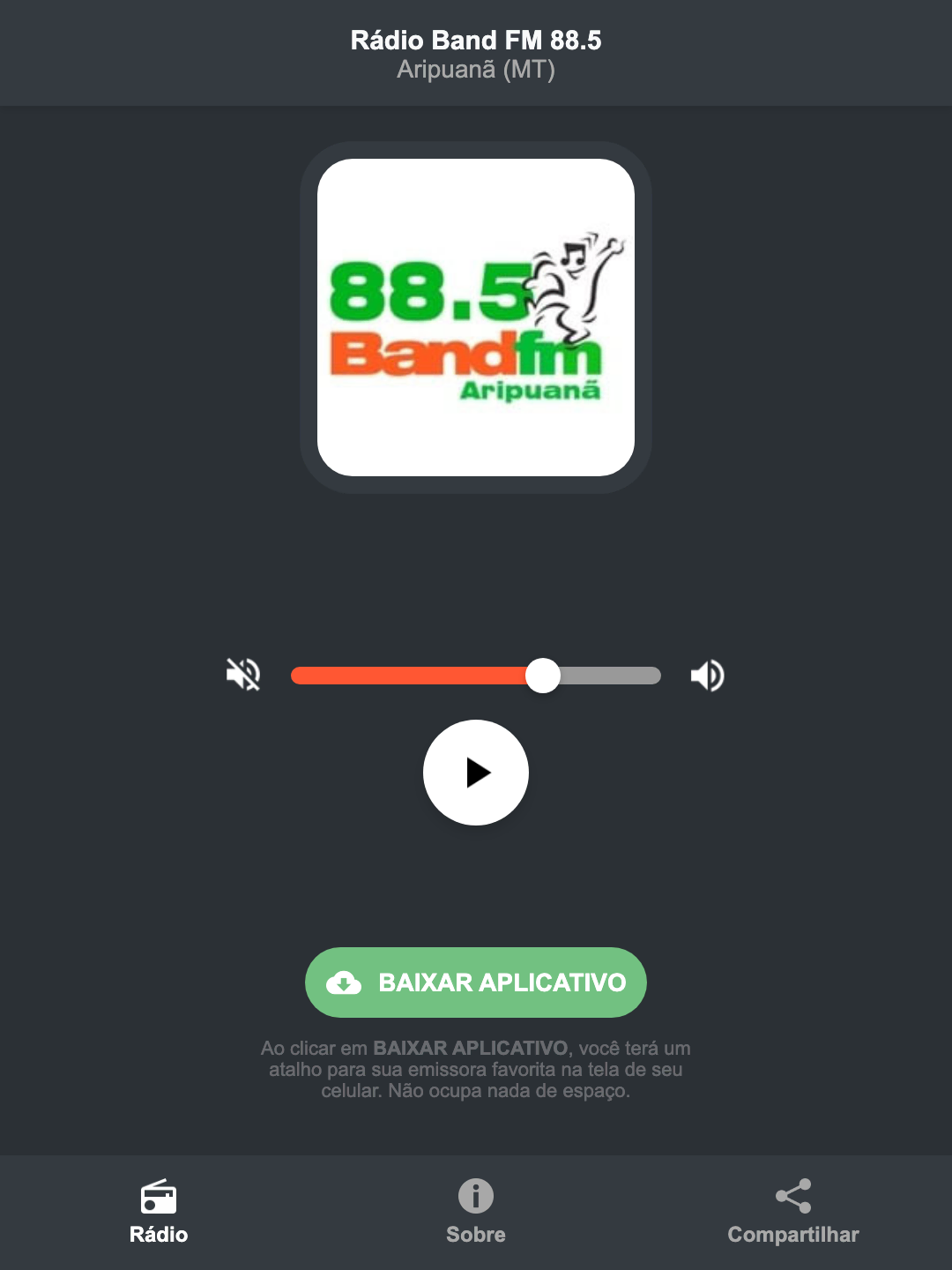 Screenshot do aplicativo da Rádio Band FM 88.5