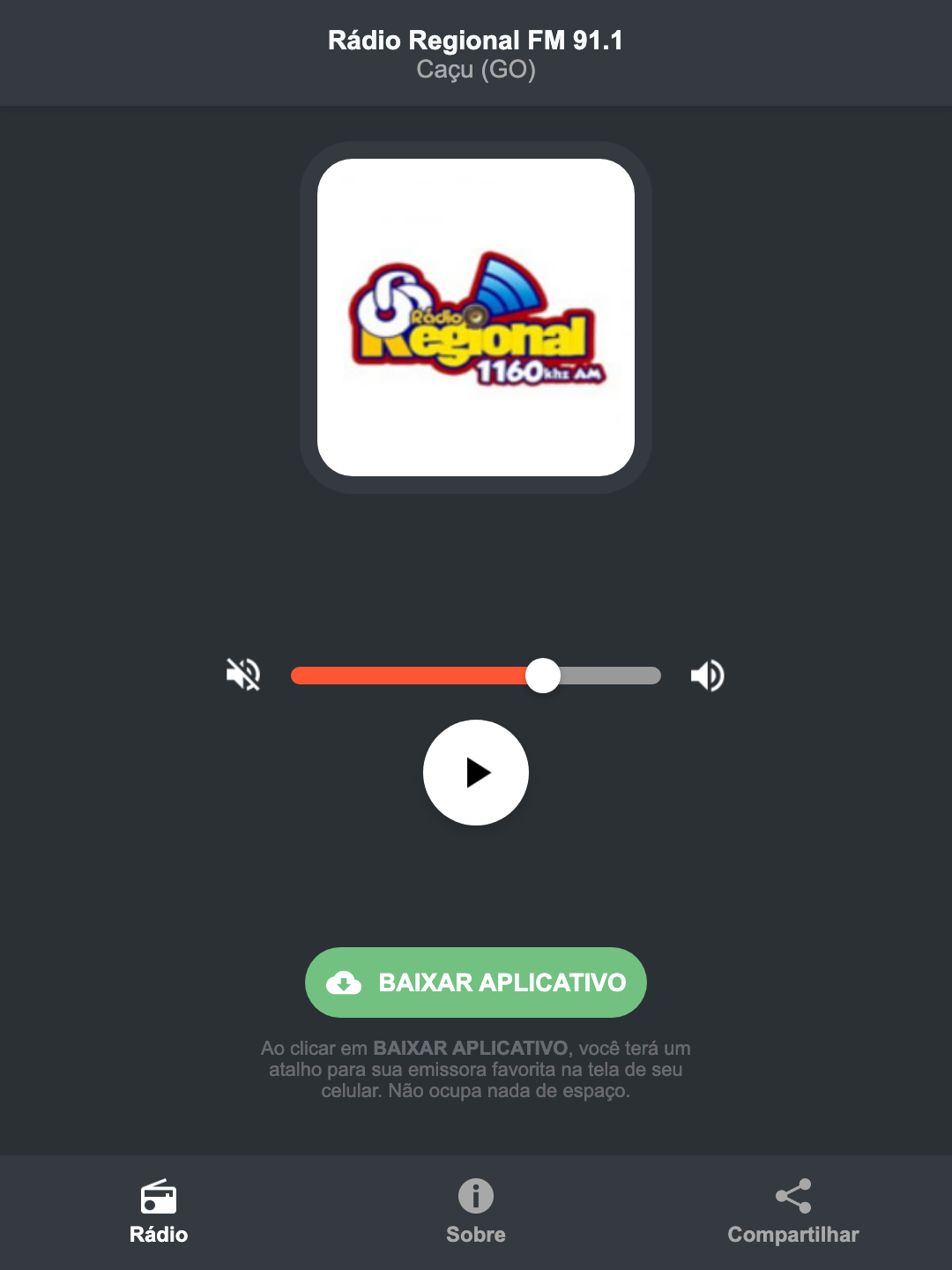 Screenshot do aplicativo da Rádio Regional FM 91.1