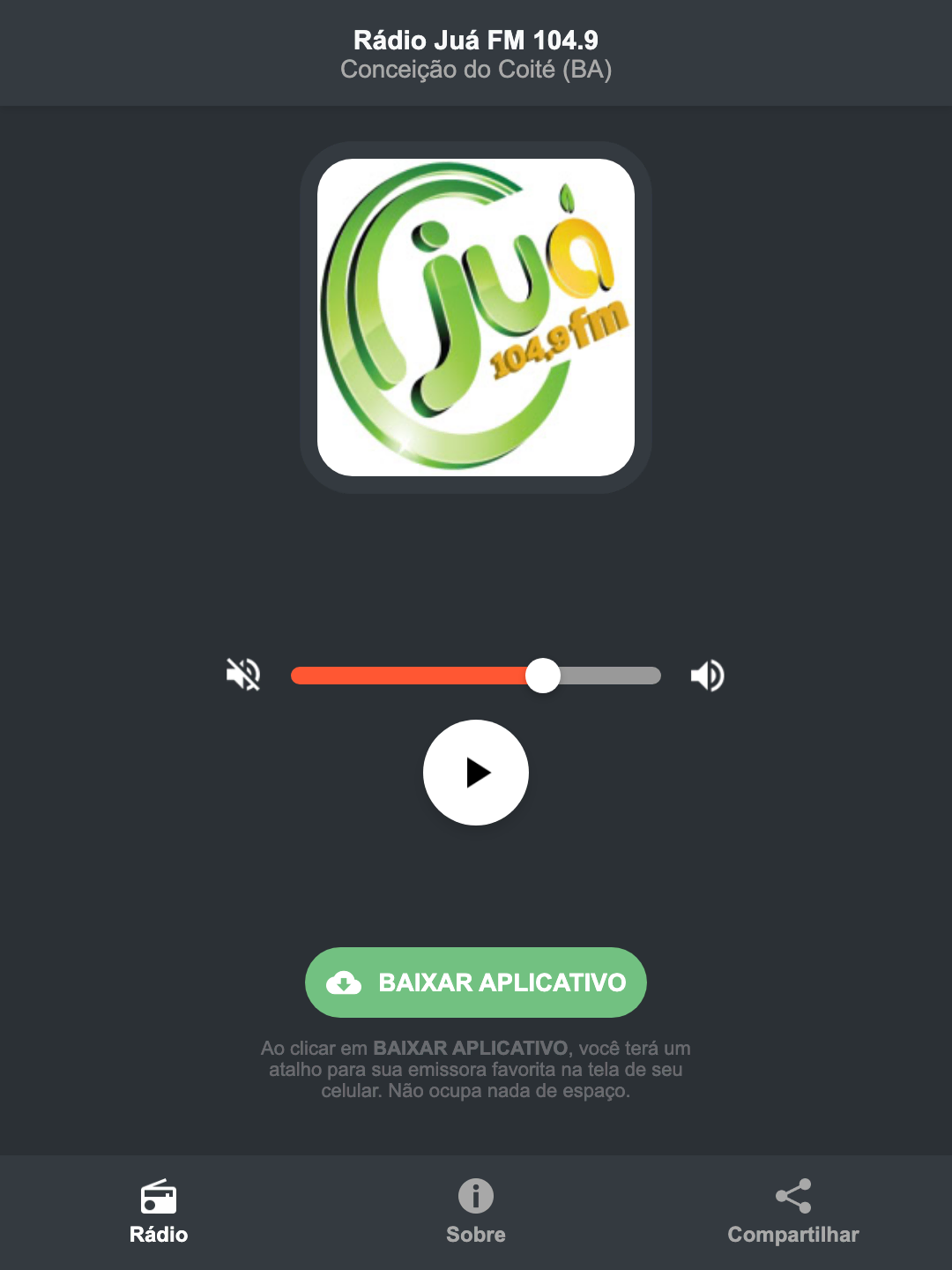 Screenshot do aplicativo da Rádio Juá FM 104.9