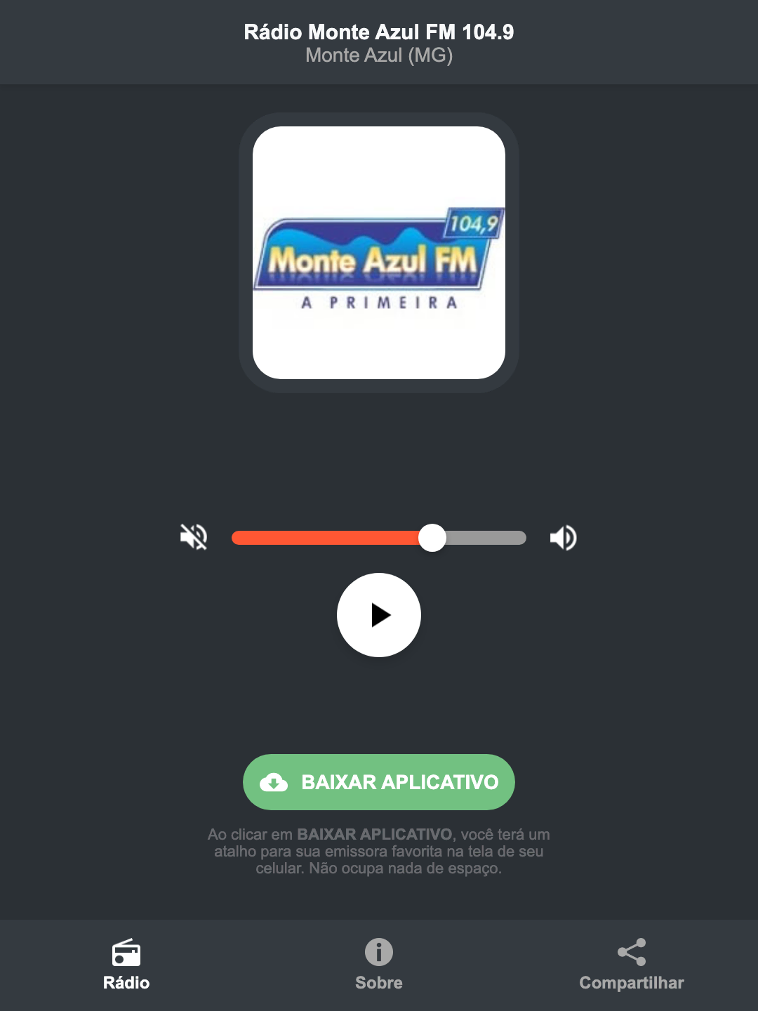 Screenshot do aplicativo da Rádio Monte Azul FM 104.9