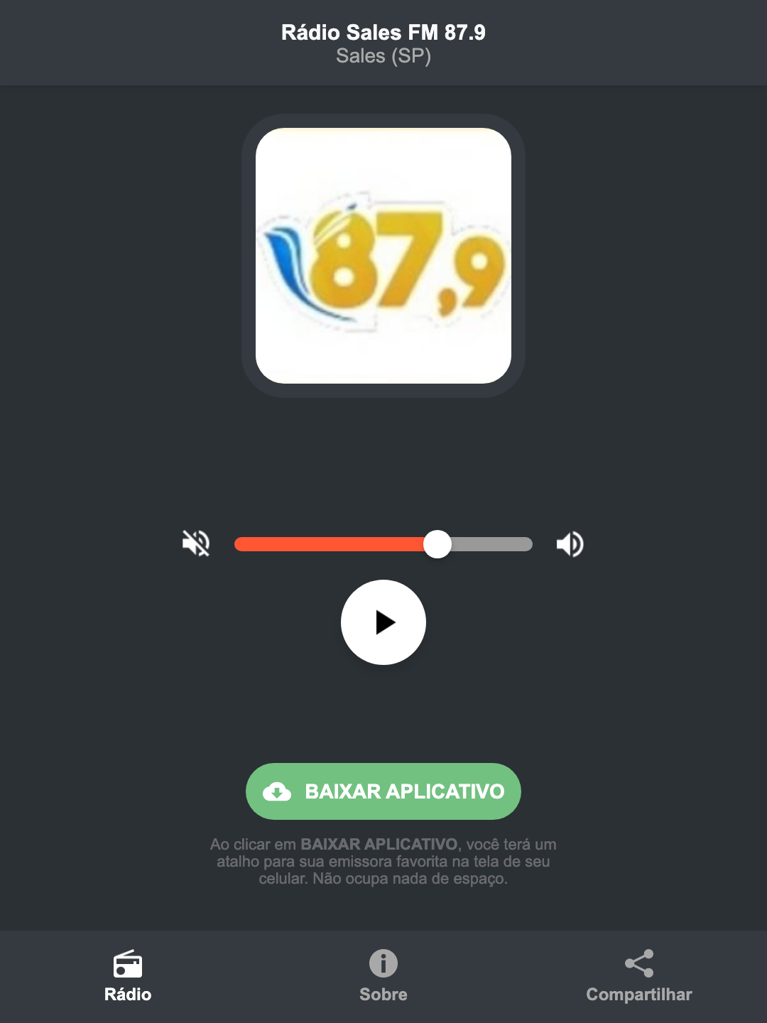 Screenshot do aplicativo da Rádio Sales FM 87.9
