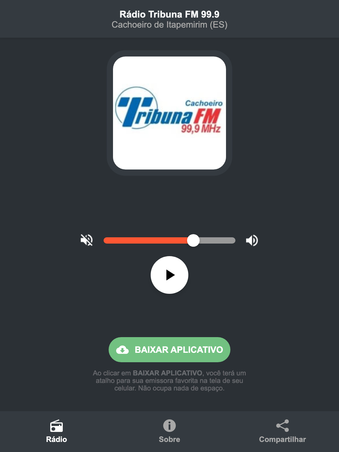 Screenshot do aplicativo da Rádio Tribuna FM 99.9