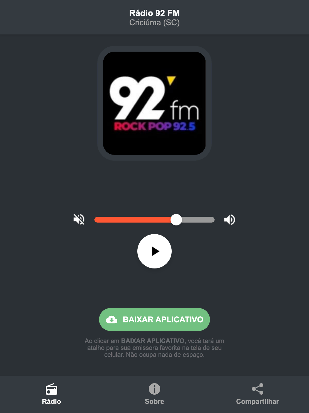 Screenshot do aplicativo da Rádio 92 FM