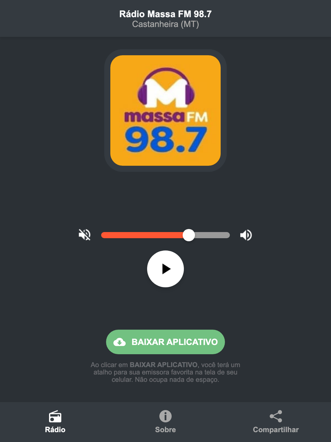 Screenshot do aplicativo da Rádio Massa FM 98.7