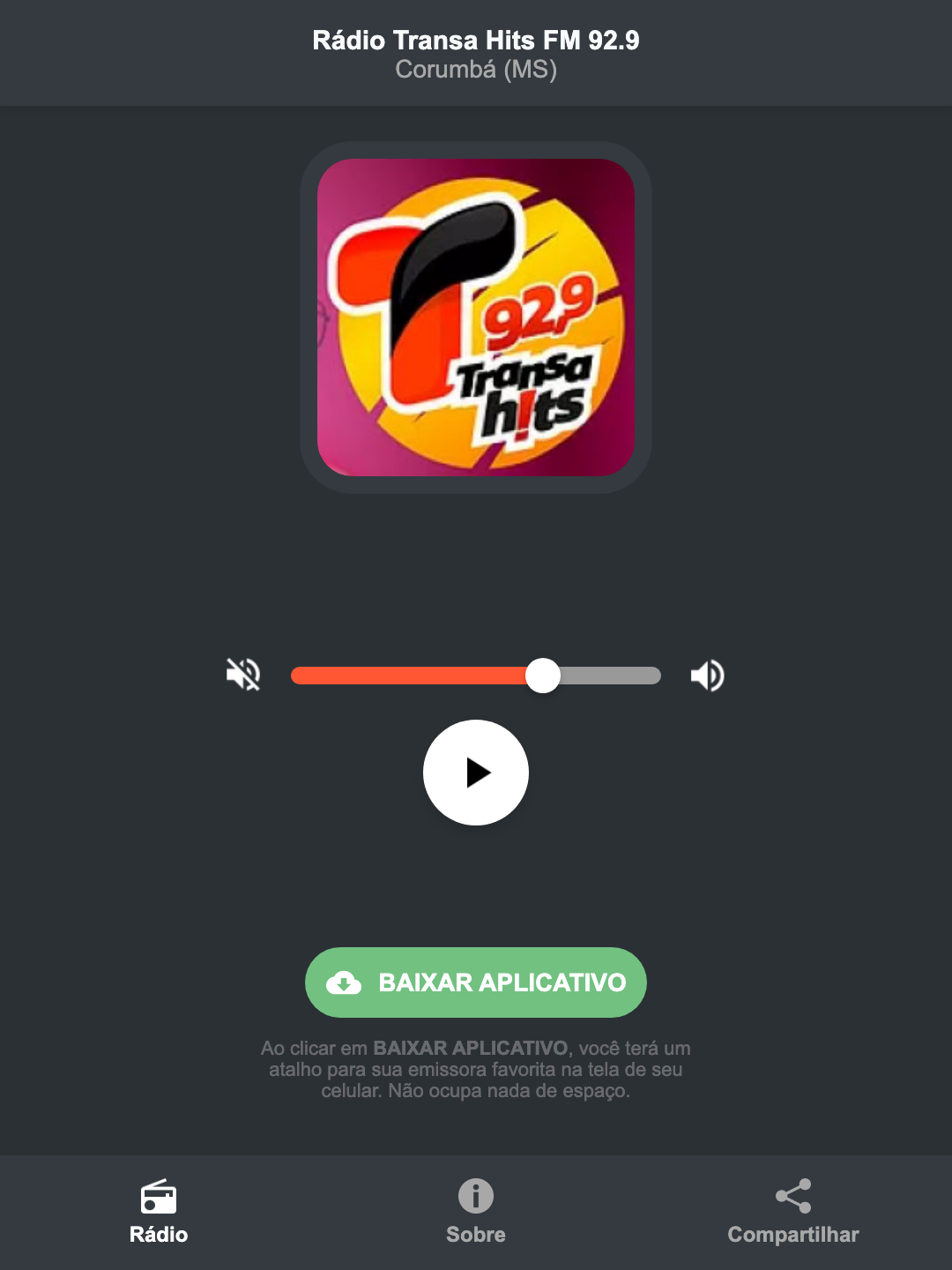 Screenshot do aplicativo da Rádio Transa Hits FM 92.9