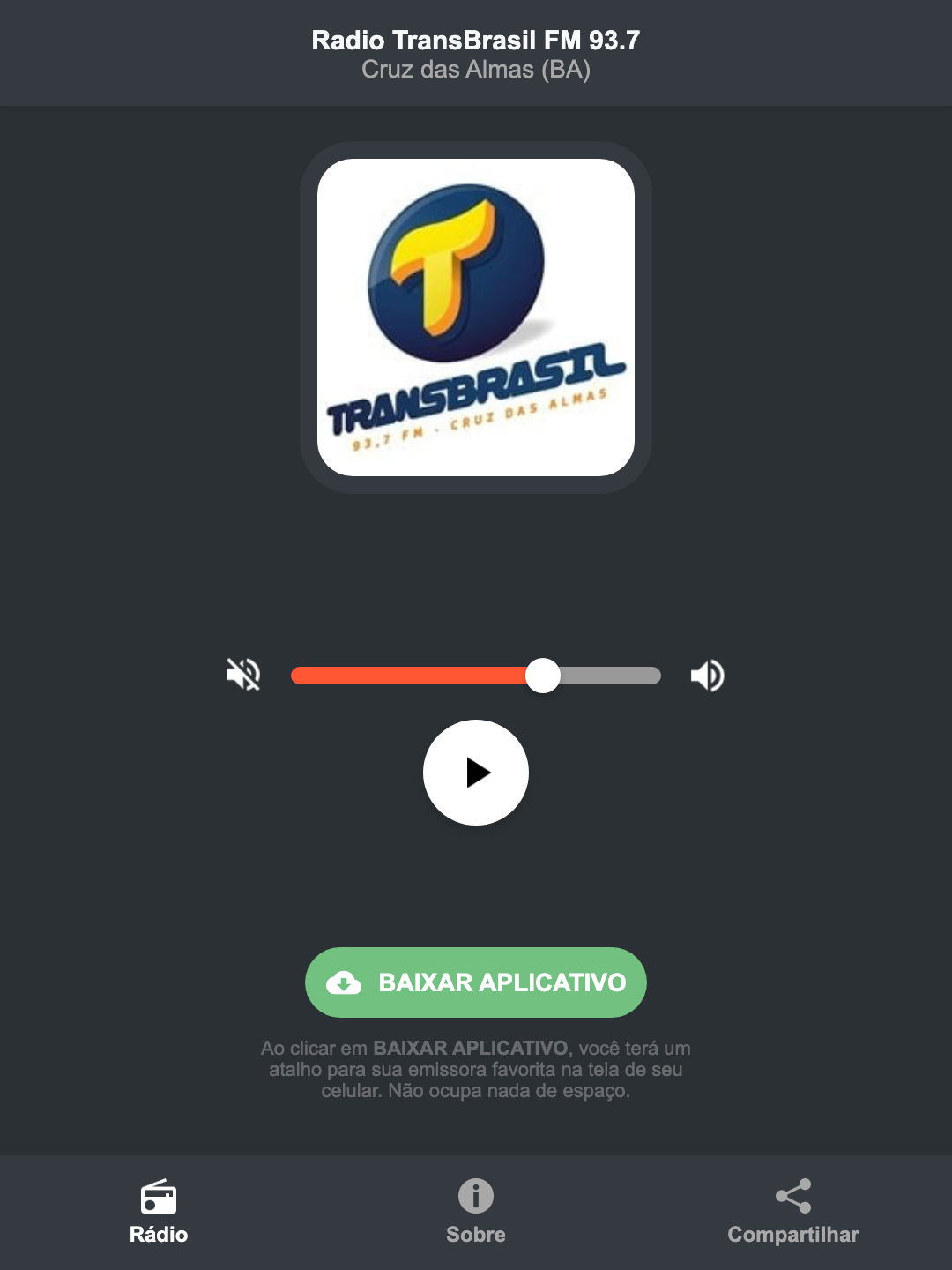 Screenshot do aplicativo da Radio TransBrasil FM 93.7
