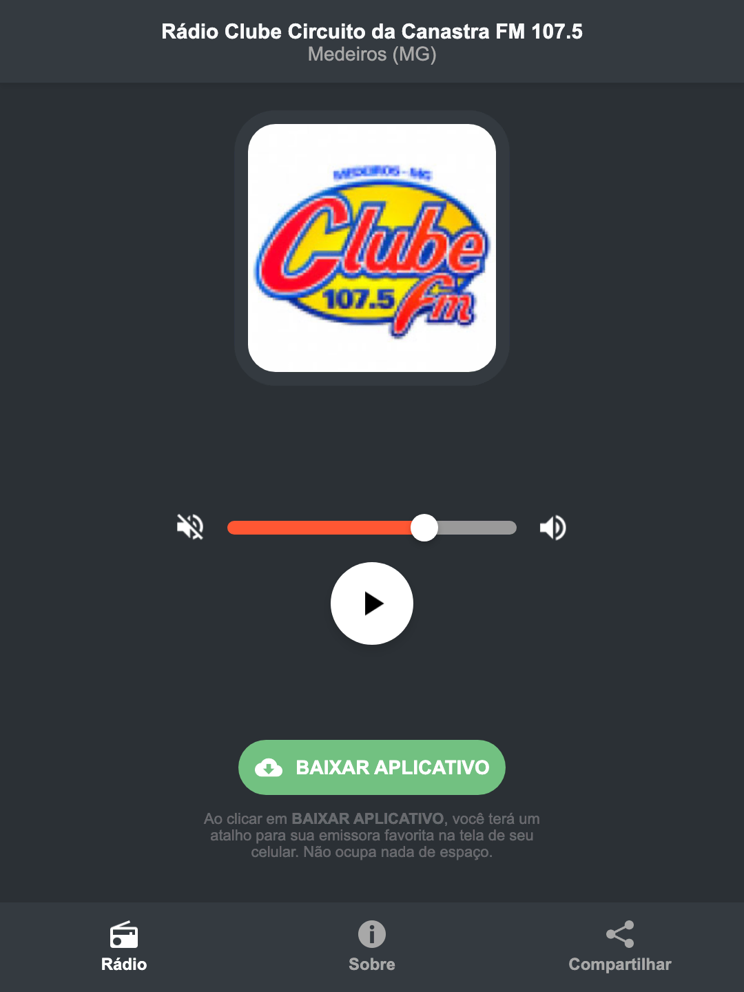 Screenshot do aplicativo da Rádio Clube Circuito da Canastra FM 107.5