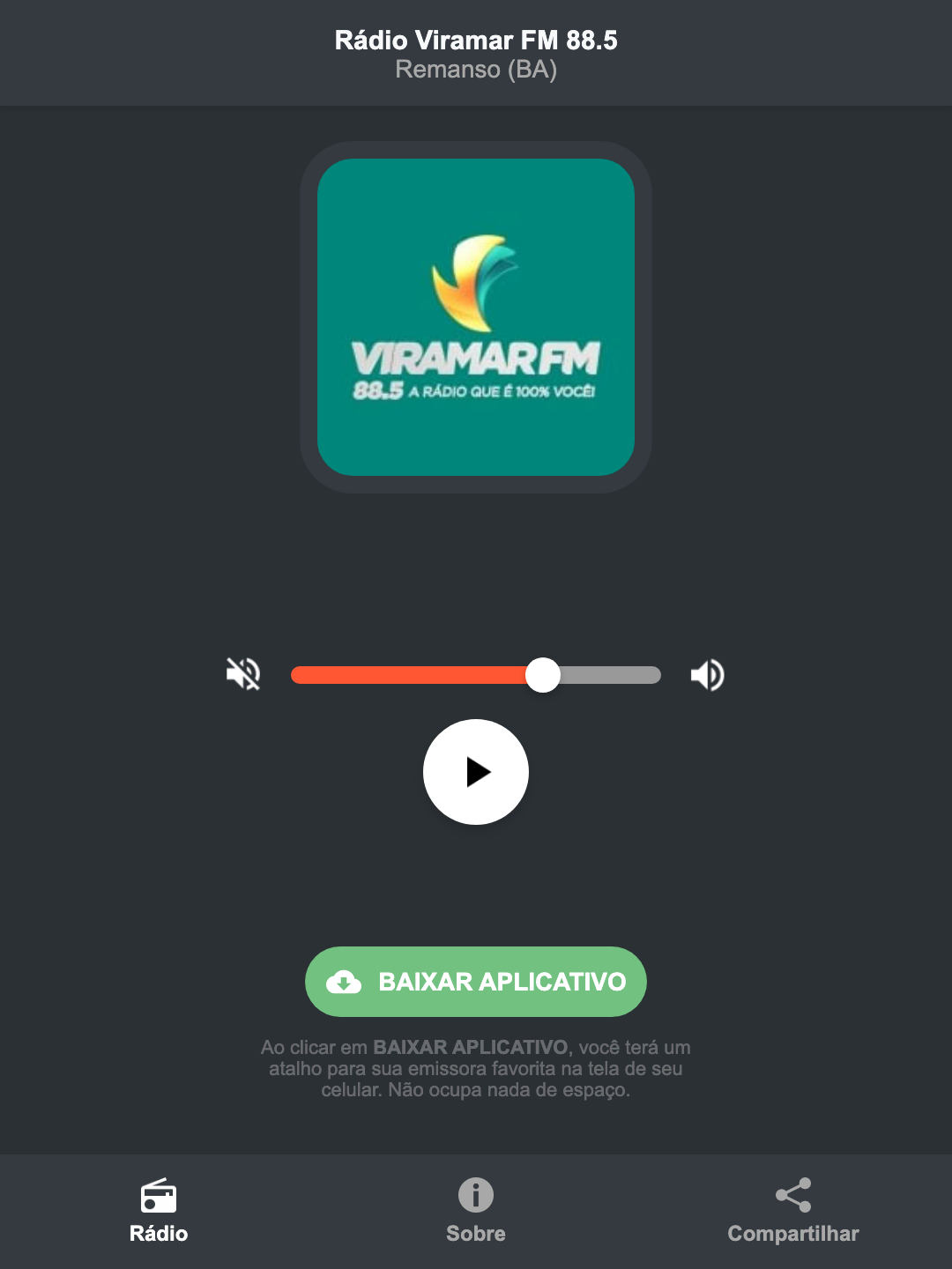Screenshot do aplicativo da Rádio Viramar FM 88.5