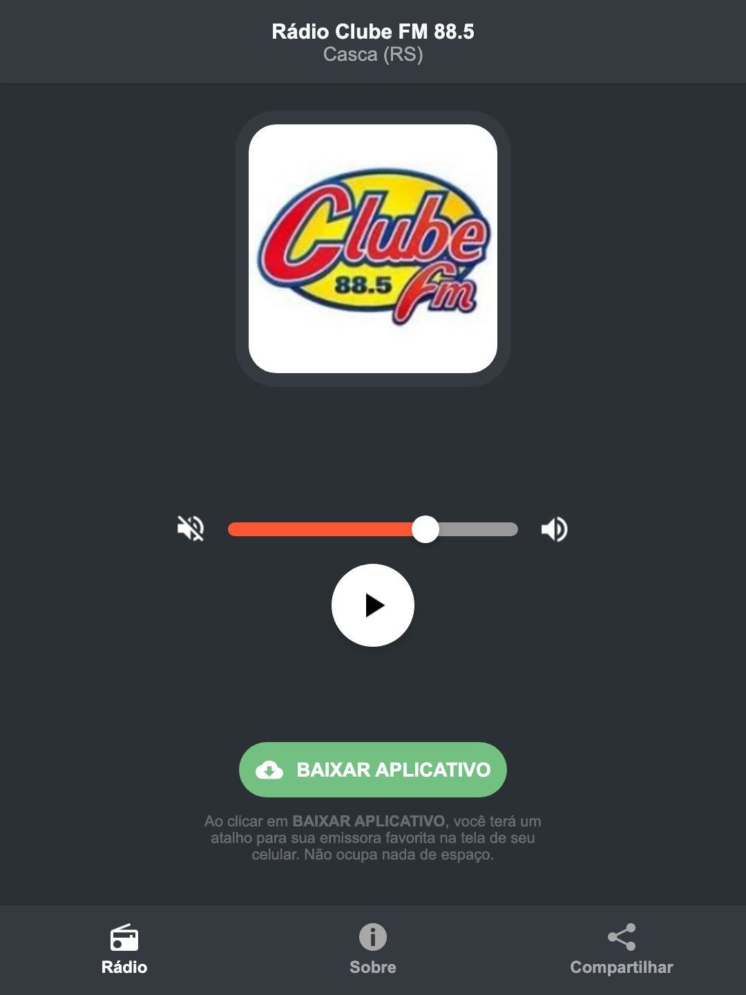 Screenshot do aplicativo da Rádio Clube FM 88.5
