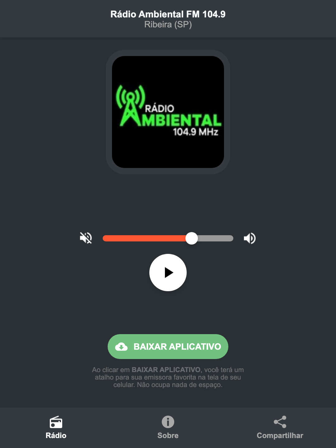 Screenshot do aplicativo da Rádio Ambiental FM 104.9