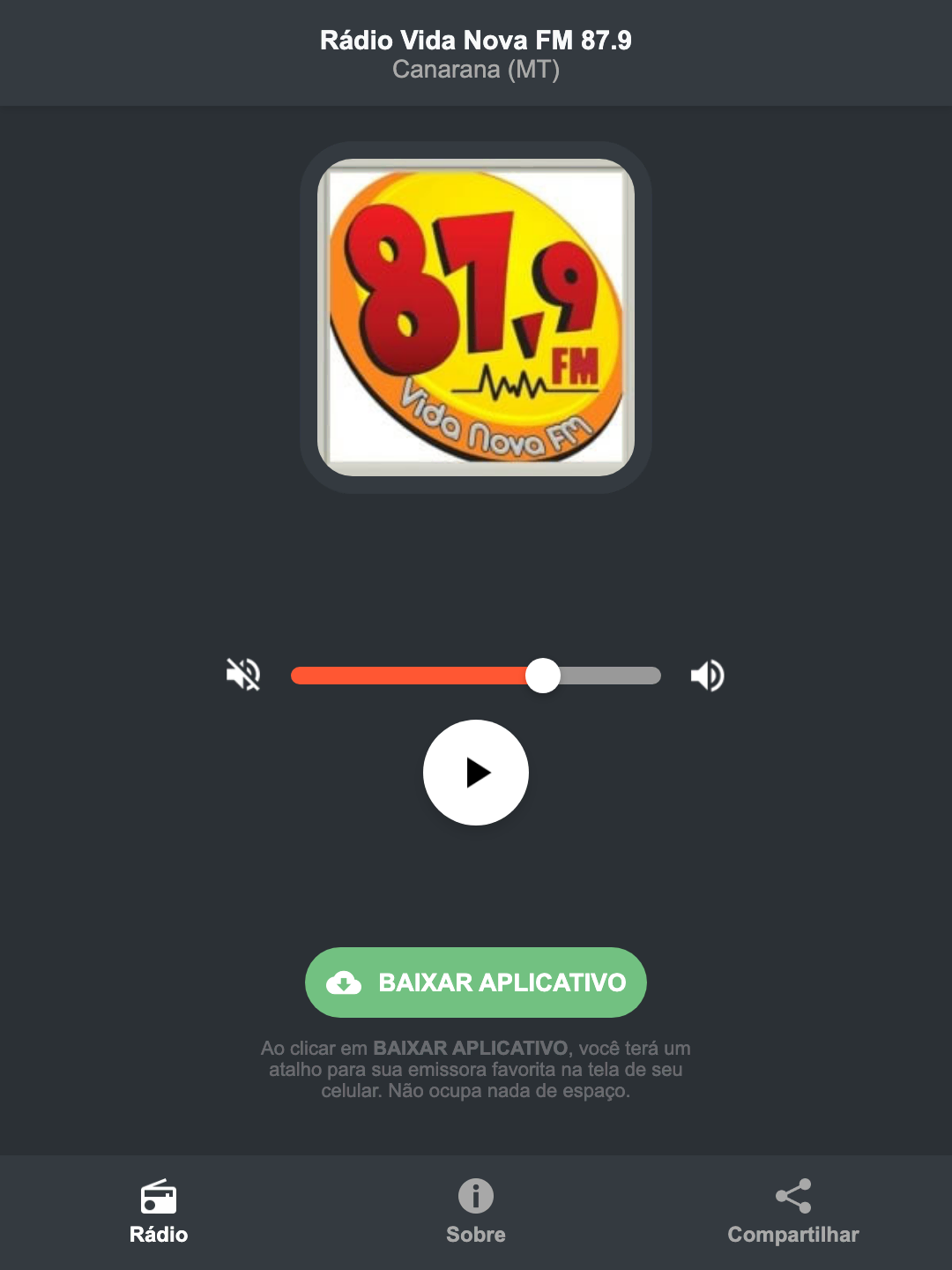 Screenshot do aplicativo da Rádio Vida Nova FM 87.9