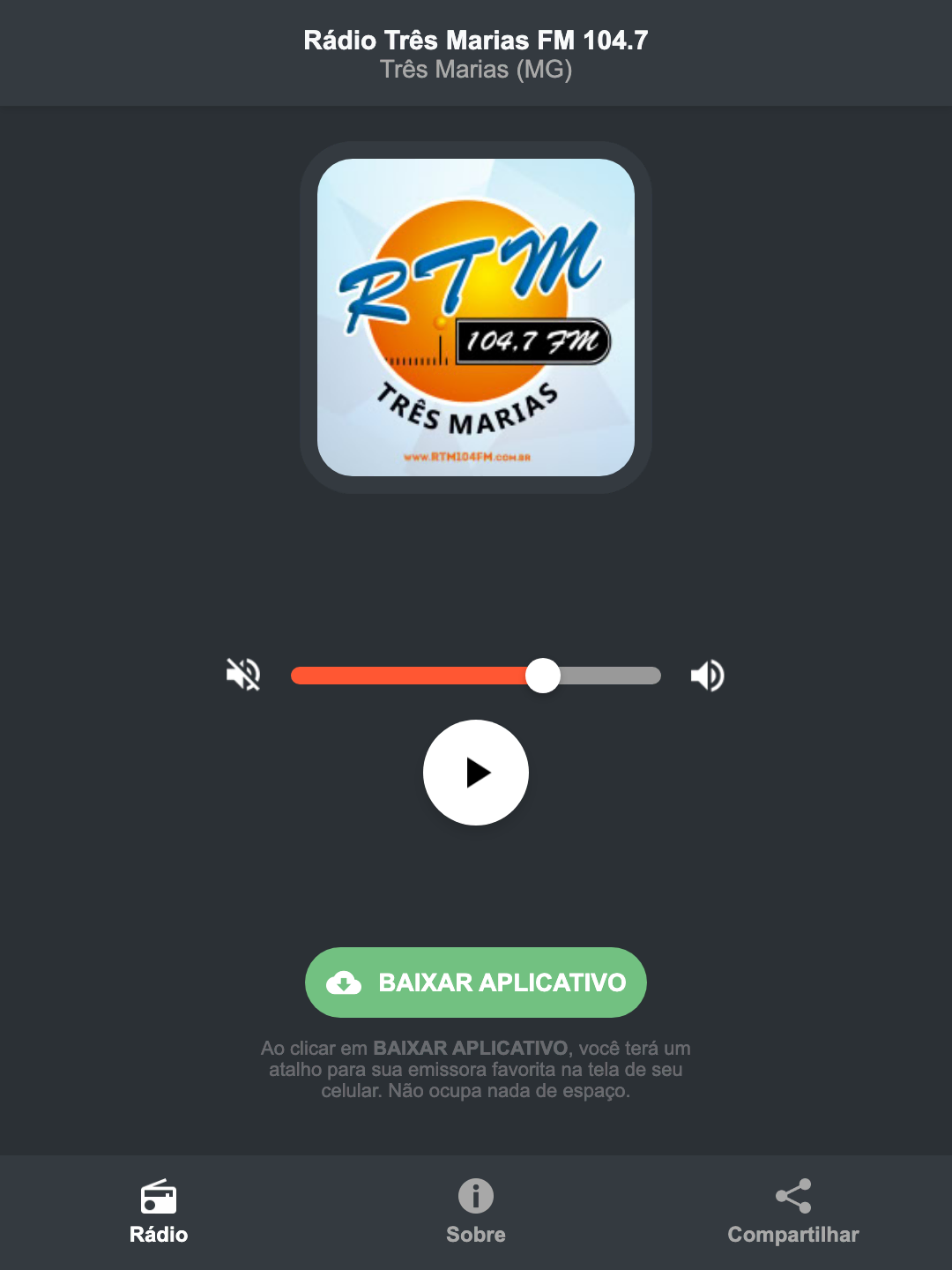 Screenshot do aplicativo da Rádio Três Marias FM 104.7