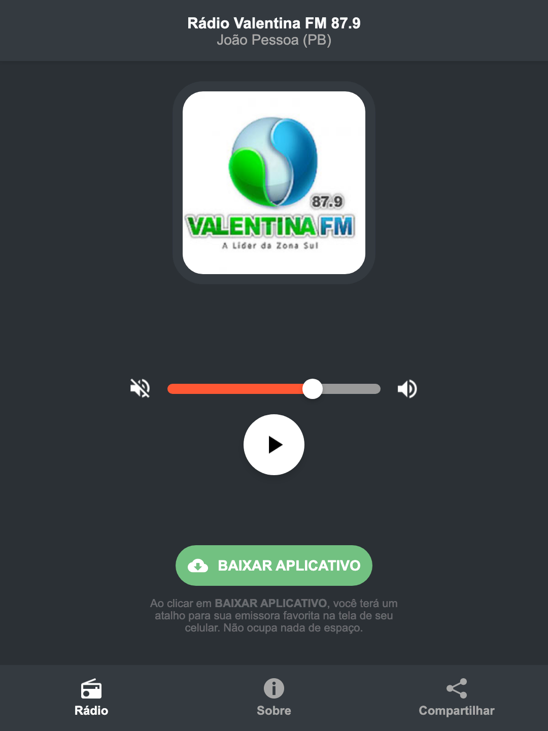 Screenshot do aplicativo da Rádio Valentina FM 87.9