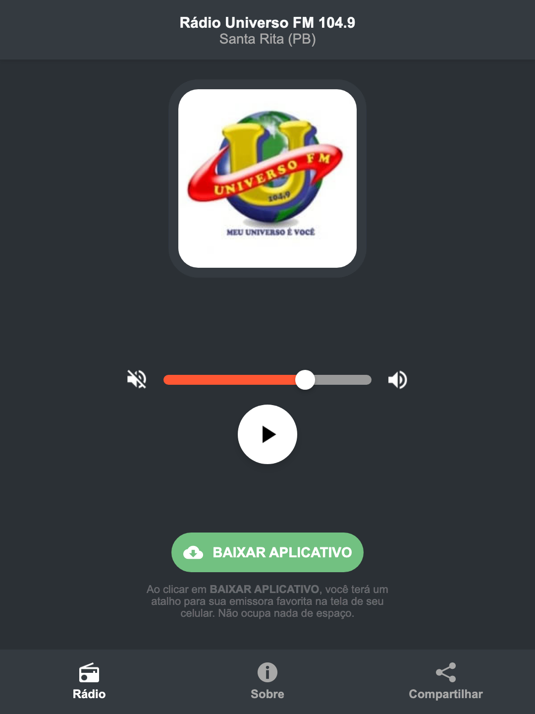 Screenshot do aplicativo da Rádio Universo FM 104.9