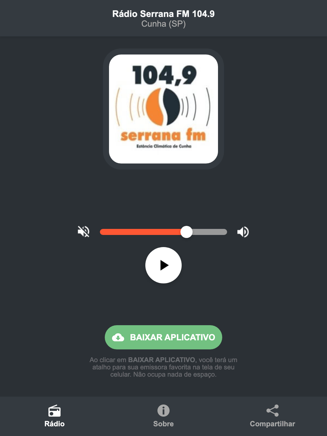 Screenshot do aplicativo da Rádio Serrana FM 104.9