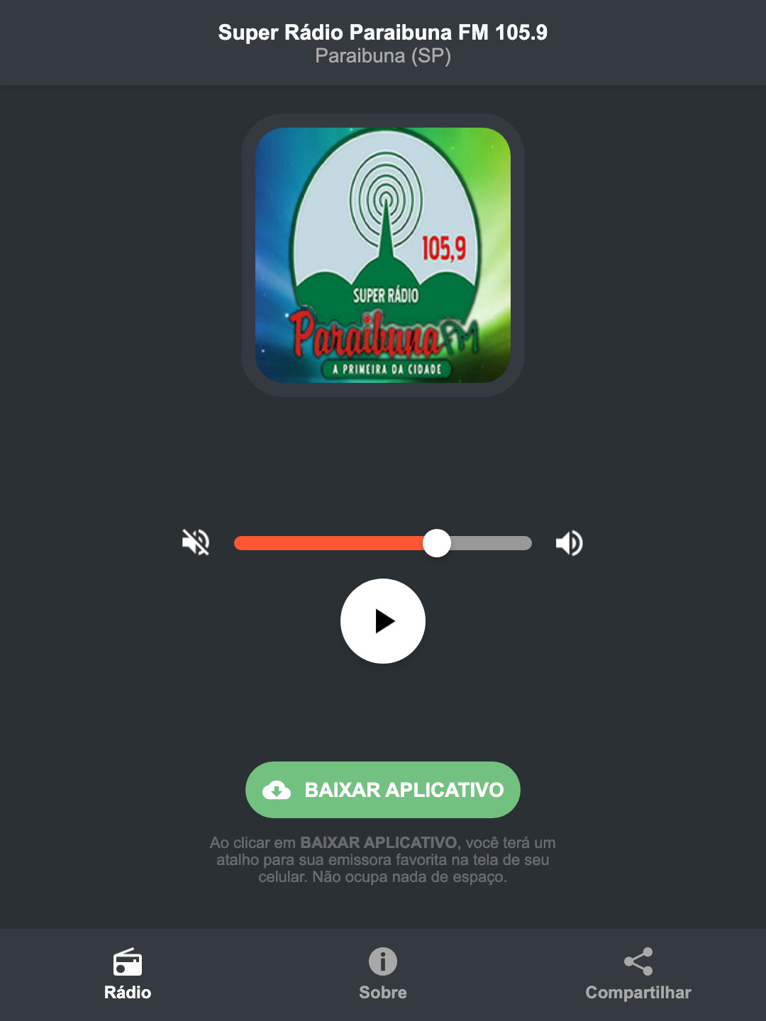 Screenshot do aplicativo da Super Rádio Paraibuna FM 105.9