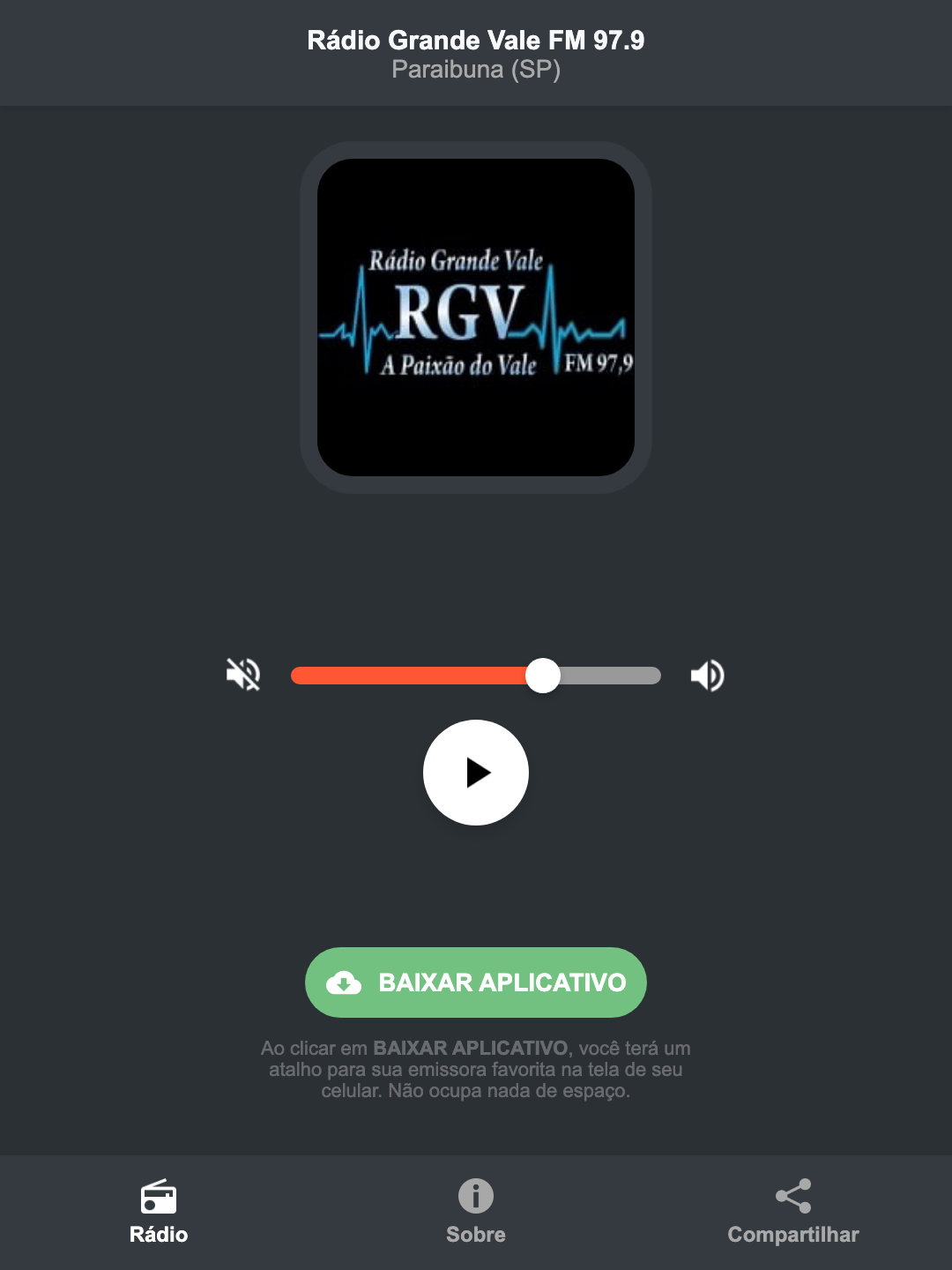 Screenshot do aplicativo da Rádio Grande Vale FM 97.9