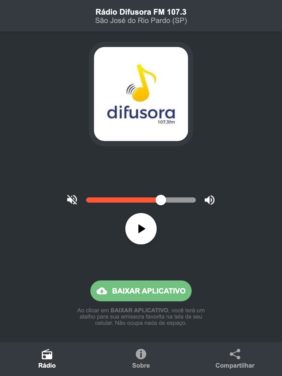 Screenshot do aplicativo da Rádio Difusora FM 107.3