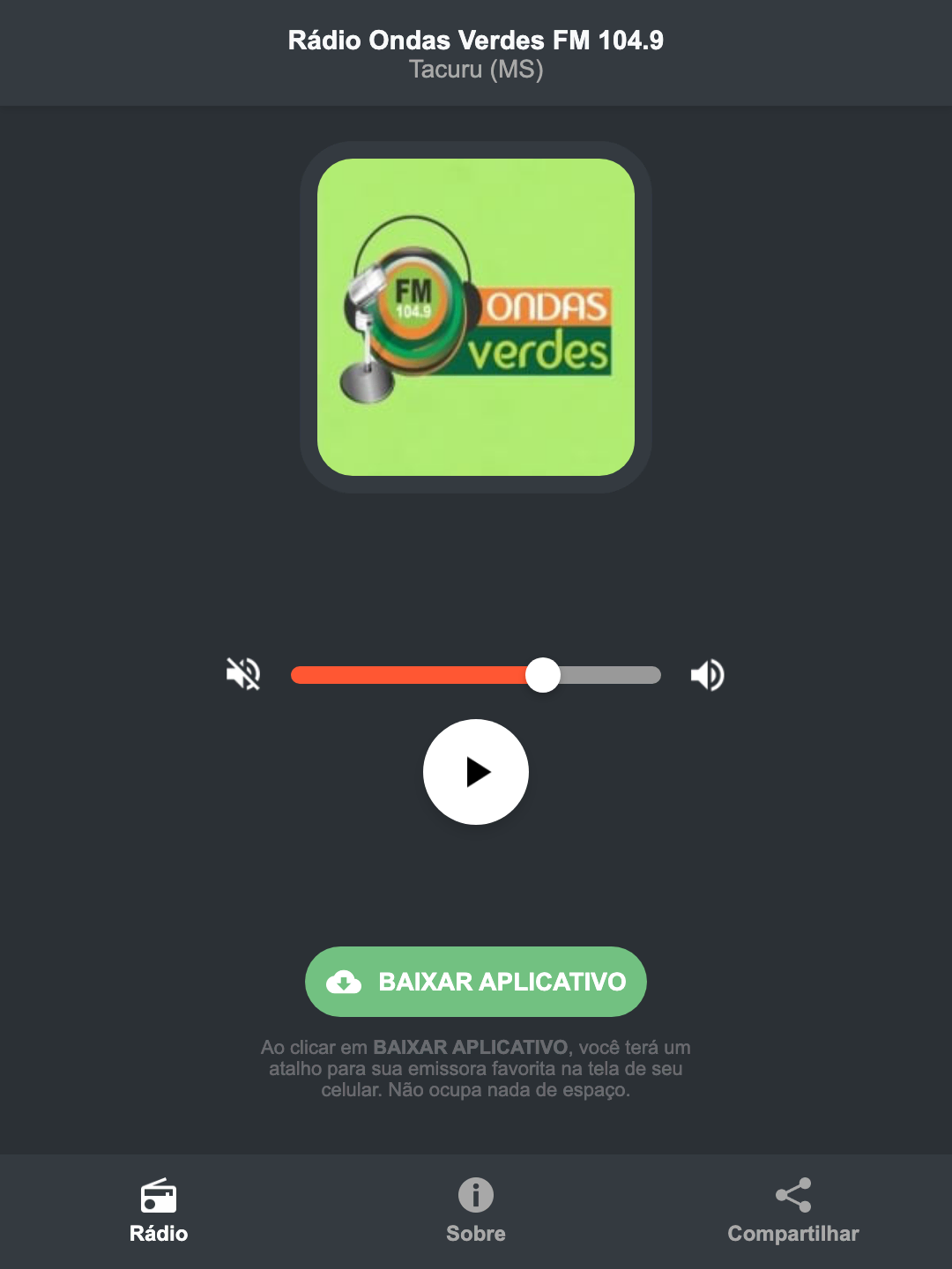 Screenshot do aplicativo da Rádio Ondas Verdes FM 104.9