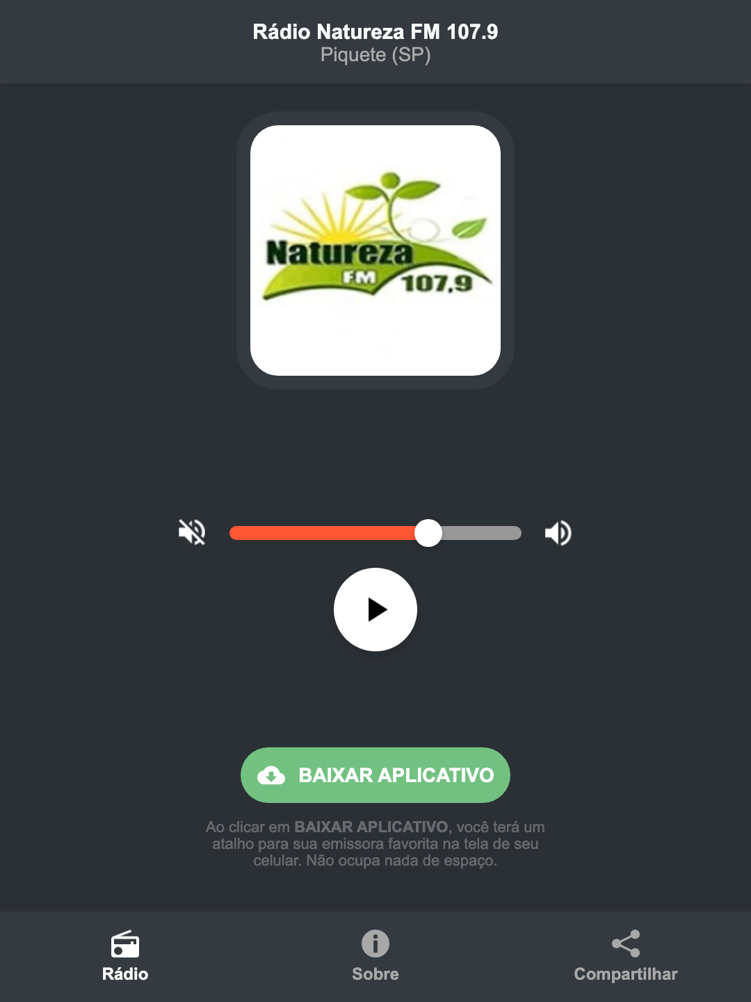 Screenshot do aplicativo da Rádio Natureza FM 107.9