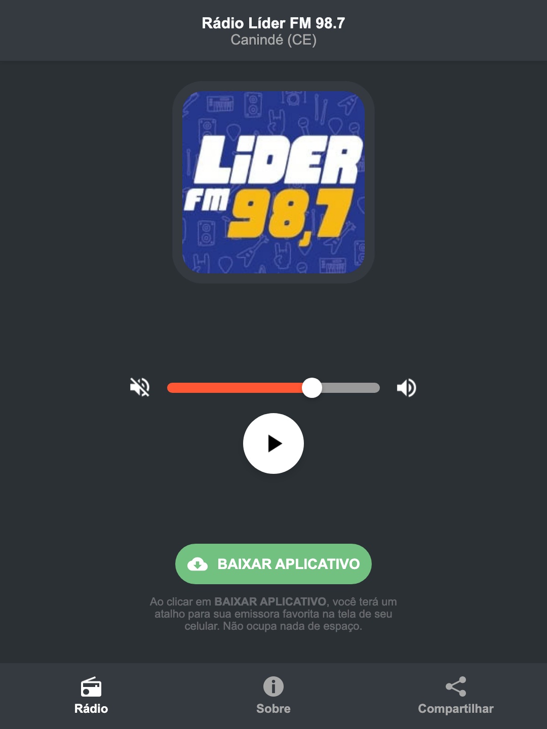 Screenshot do aplicativo da Rádio Líder FM 98.7