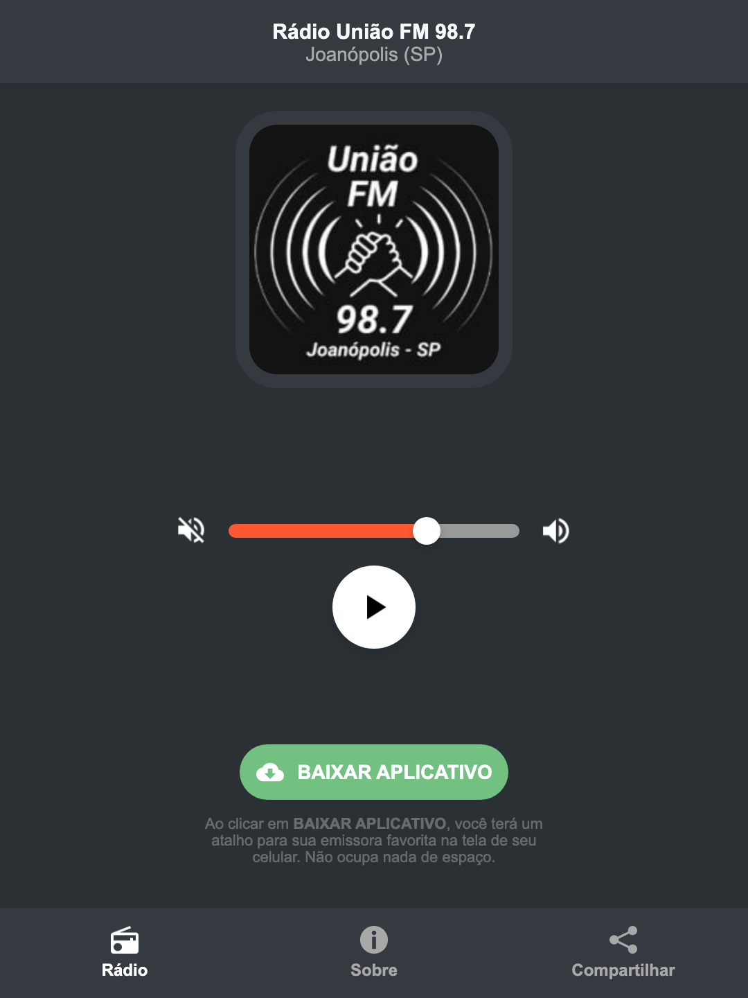 Screenshot do aplicativo da Rádio União FM 98.7