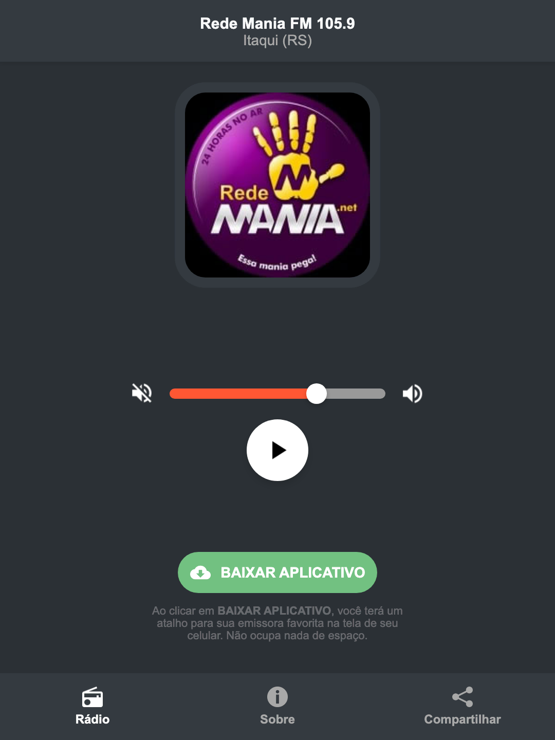 Screenshot do aplicativo da Rede Mania FM 105.9