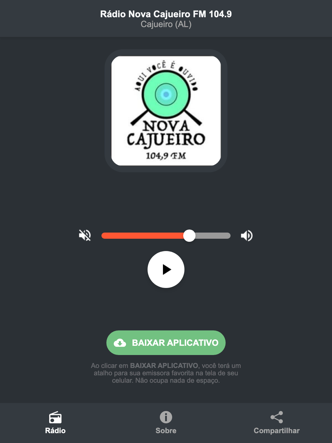 Screenshot do aplicativo da Rádio Nova Cajueiro FM 104.9